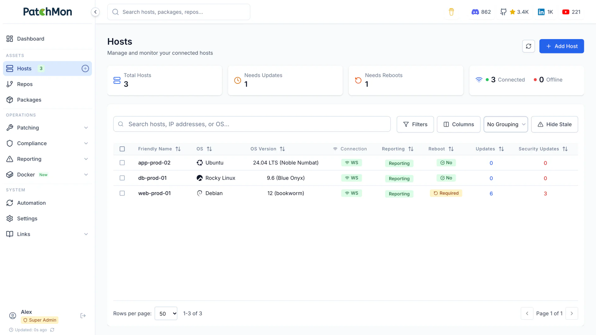 PatchMon hosts list with a Needs Reboots count and the Reboot column